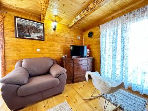 een woonkamer met een bank en een televisie bij Дом в Жабляке с шикарным видом на Дурмидор in Žabljak