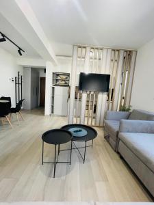 - un salon avec un canapé et une table dans l'établissement Dora Family Apartments Budva, à Budva