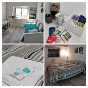 uma colagem de quatro fotos de um quarto e uma cama em Departamento Del Plaza em Bahía Blanca