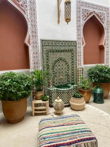 een kamer met potplanten en een open haard met een tapijt bij RIAD LA LUNE in Marrakesh