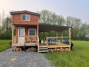 a cabin with a deck and a table and chairs at Hollow Hills Tiny Home in Penn Yan