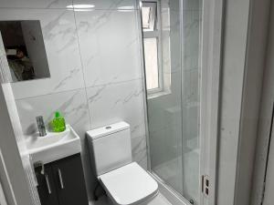 uma casa de banho com um chuveiro, um WC e um lavatório. em Good priced double bed in Hayes em Northolt