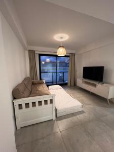 a bedroom with a bed and a couch and a television at Apartamento Mirador de la Viña. in Salta