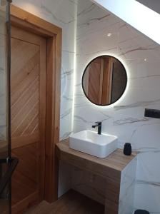a bathroom with a sink and a mirror at Domek Bieszczadzki Horyzont in Berezka