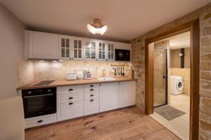 a kitchen with white cabinets and a walk in shower at Prague West - Studio Chyne with Terrace in Chýně