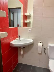 La salle de bains est pourvue d'un lavabo et de toilettes. dans l'établissement InOut Olsztyn, à Olsztyn