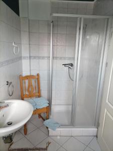 a bathroom with a shower and a sink at Gästezimmer Mitten in Angeln in Mittelangeln