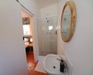 un bagno con lavandino e doccia con specchio di Cozy Garden Cottage! a Grahamstown Altre 5 foto