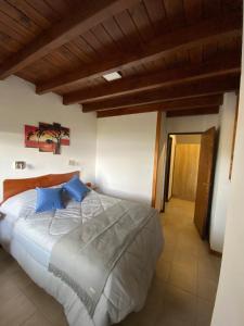 a bedroom with a large bed with blue pillows at Bosque al Lago in San Carlos de Bariloche