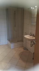 La salle de bains est pourvue d'une douche et d'un lavabo. dans l'établissement Ferienwohnung Sonnenblick, à Burkhardtsdorf