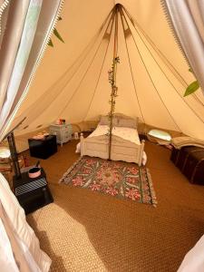 a tent with a bed and a rug in a room at Roe Deer Meadow at Carr House Farm in Scarborough