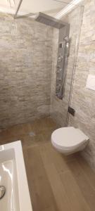 uma casa de banho com um chuveiro, um WC e um lavatório. em Le case di Roberto em Gioia del Colle