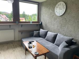 ein Wohnzimmer mit einem Sofa und einem Tisch in der Unterkunft Apartamenty Stronie Śląskie in Stronie Śląskie