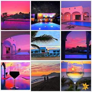 een collage van foto's van een huis en een glas wijn bij Villa Star of the Sea in Barra de Navidad