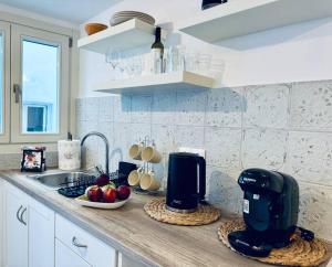 a kitchen counter with a juicer and a bowl of fruit at Moma Apartment in Kithnos +5 photos