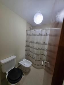 a bathroom with a toilet and a shower curtain at Deparcasa in Yerba Buena