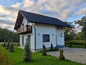 uma pequena casa branca com um telhado preto em Ara Chalet em Bran