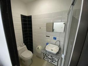 La petite salle de bains est pourvue de toilettes et d'un lavabo. dans l'établissement Hotel Malecon Puerto Berrio, à Puerto Berrío