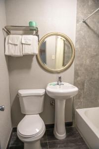 a bathroom with a toilet and a sink and a mirror at Riverside Inn and Suites in Hopewell