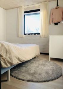 a bedroom with a bed and a window and a rug at Cosy place with adoring sunny terrace in Vejby