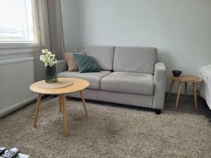 a living room with a couch and two tables at Wäinönkatu 3 yksiö in Lappeenranta
