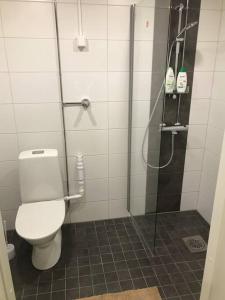 a bathroom with a toilet and a glass shower at Wäinönkatu 3 yksiö in Lappeenranta