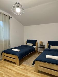 um quarto com 2 camas e lençóis azuis em Mirabella House em Rzeszów