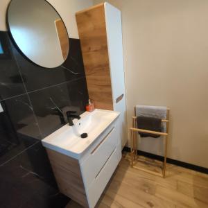 uma casa de banho com um lavatório e um espelho em Przystań Nad Miążką em Sapowice