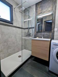 een badkamer met een douche, een wastafel en een wasmachine bij Duplex au calme avec vue sur les dunes et la mer in Ambleteuse