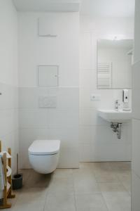 ein weißes Bad mit einem WC und einem Waschbecken in der Unterkunft Schloss-Appartements in Eisenstadt