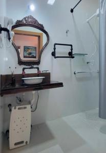 a bathroom with a sink and a mirror on the wall at Pousada Sítio das Pedras in Domingos Martins