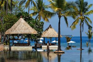 a person standing in the water next to palm trees at The Oberoi Beach Resort, Lombok in Tanjung