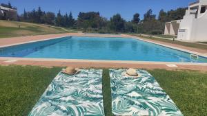 a swimming pool in the grass next to a house at Palm House Alvor in Alvor