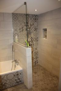 a bathroom with a shower and a tub and a sink at Chalet les Pounets in Damprichard +38 photos