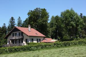 a house with a red roof on a field at Chalet les Pounets in Damprichard