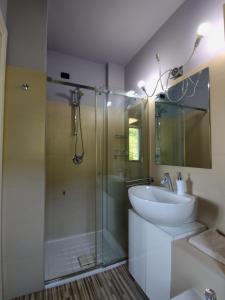 a bathroom with a glass shower and a sink at Aminta Apartment in Valtesse
