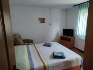 a bedroom with a bed with a table and a television at Vicky House in Făgăraş