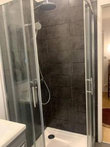 La salle de bains est pourvue d'une douche avec une porte en verre. dans l'établissement Studio à Noyarey avec wifi, à Noyarey
