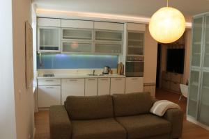 a living room with a couch and a kitchen at Moonlight Shadow Apartment in Sarajevo