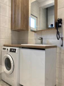 a kitchen with a washing machine and a sink at Agiou Stilianou Apartments in Kallithéa