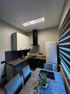 a kitchen with a table and chairs and a refrigerator at ML Place 5 in Liepāja +22 photos