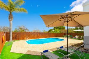 a pool with an umbrella and chairs and a palm tree at Yiangos House in Neo Chorio