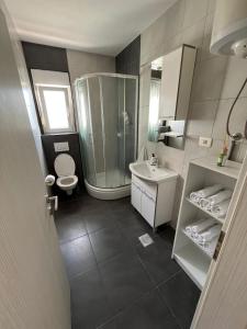 een badkamer met een douche, een toilet en een wastafel bij Apartman FILIP in Podstrana
