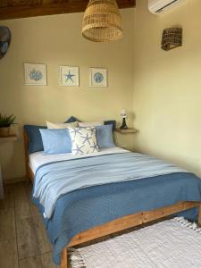 a bedroom with a large bed with blue sheets at 21 Palms in Las Galeras