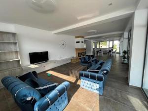 a living room with blue couches and a flat screen tv at Pensiunea PHILIA in Dubova