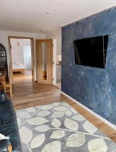 sala de estar con TV en una pared azul en Adina s House en Rugeley