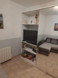 sala de estar con TV y sofá en Gîte du bonheur, 