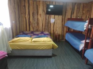 een slaapkamer met een bed en 2 stapelbedden bij Cabaña cunco 6 personas in Cunco