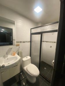 La salle de bains est pourvue de toilettes et d'un lavabo. dans l'établissement Suites AlojaT MIMOS Machala diagonal al oro verde., à Machala
