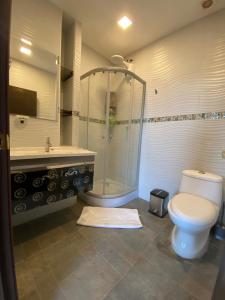 y baño con ducha, aseo y lavamanos. en Suites AlojaT MIMOS Machala diagonal al oro verde., en Machala